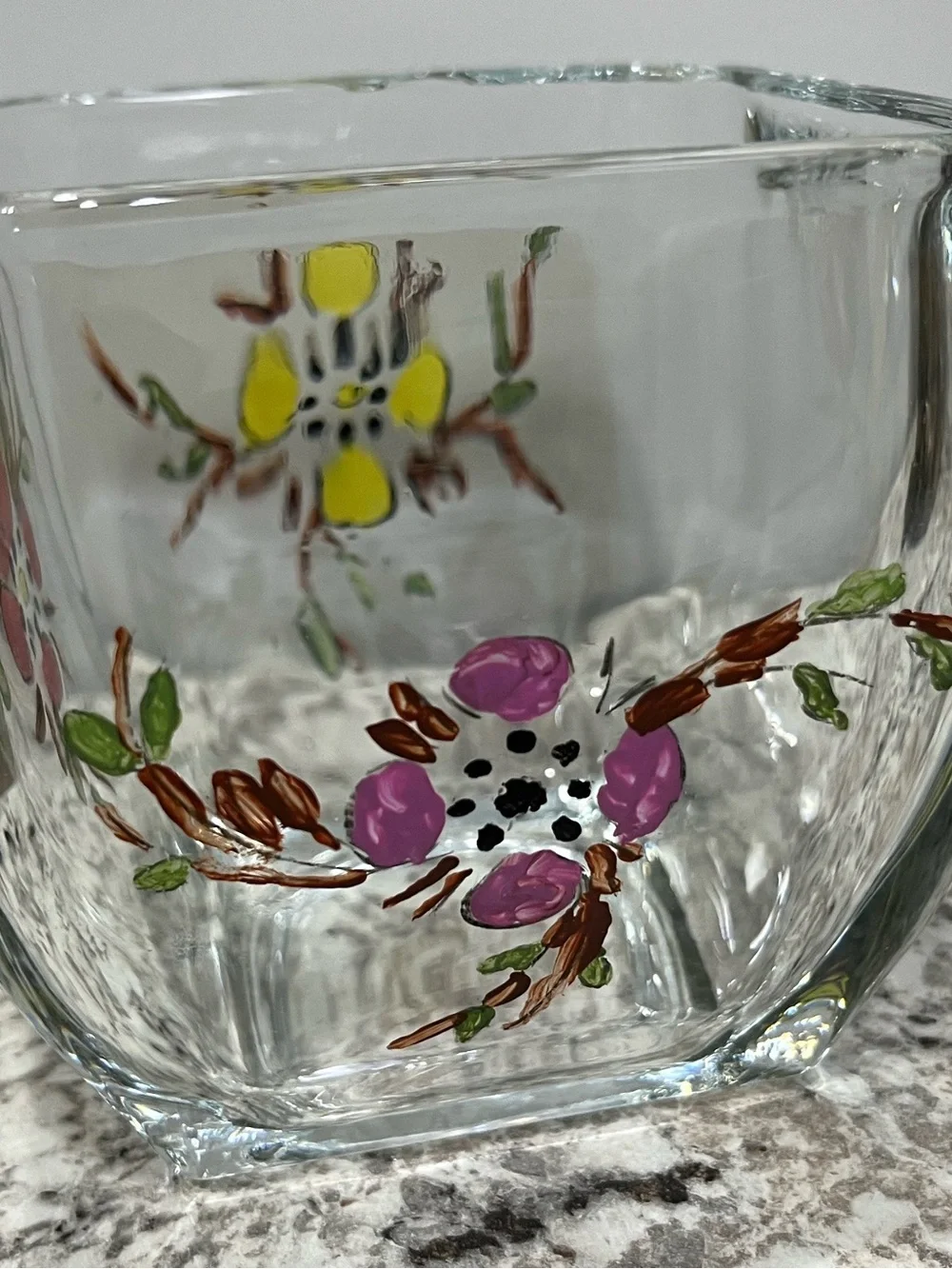 Hand-Painted Floral Glass Vase - Yellow & Pink Accents Vintage EUC